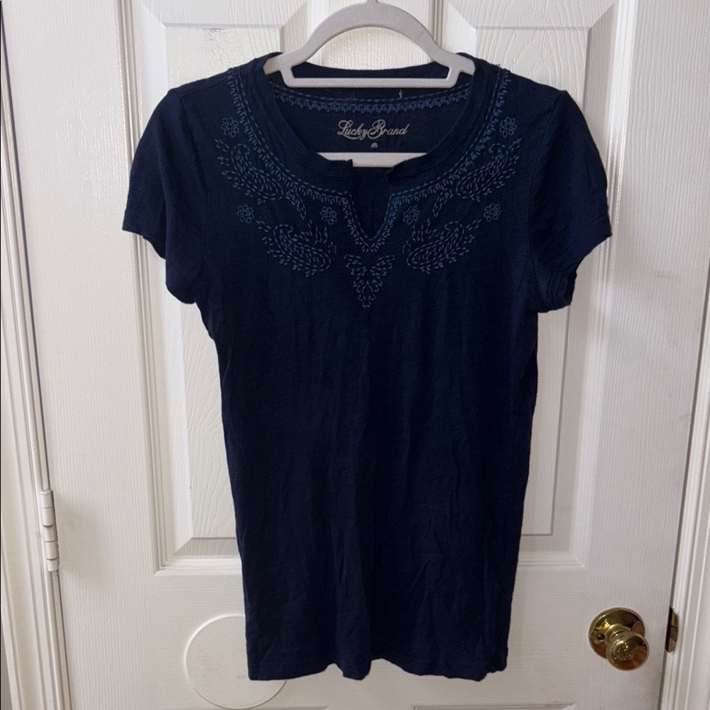 Lucky Brand Navy Embroidered Short Sleeve Top